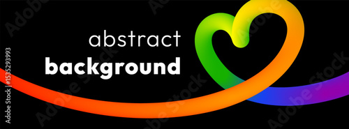 Vibrant abstract banner with smooth colorful ribbon on black background. Vivid bold line flows and twists across the image in dynamic heart shaped loops, adding motion, energy and cheerful vibe