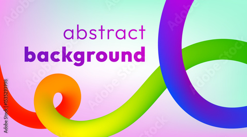 Vibrant abstract banner with smooth colorful ribbon on soft pastel holographic background. Vivid bold line flows and twists across the image in dynamic loops, adding motion, energy and cheerful vibe