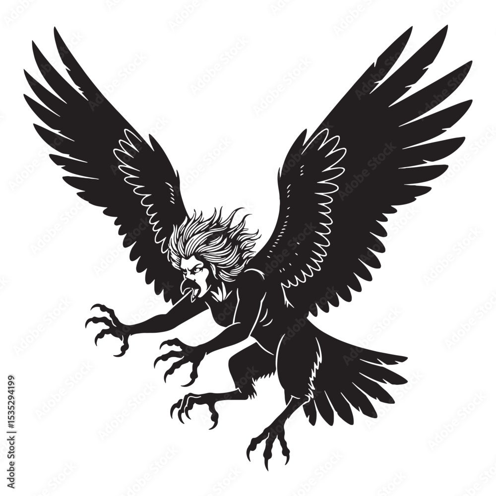 Obraz premium Darkened Harpy Bird Monster Depiction Outline, Looking Ready to Attack - harpy silhouette - harpy vector - silhouette of harpy - Harpy illustration 