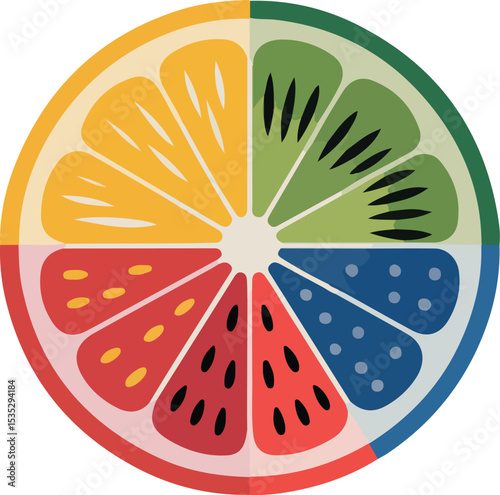 Fruit slices arranged in a circular pattern, representing the diverse bounty of nature's harvest.