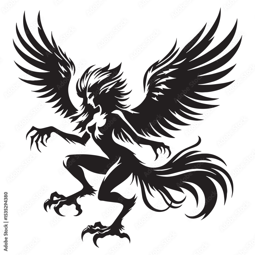 Obraz premium Classic Scary Harpy Bird Monster Depiction Graphic, with a Fierce Look and Sharp Beak - harpy silhouette - harpy vector - silhouette of harpy - Harpy illustration 