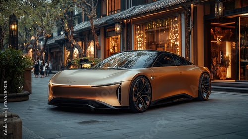 An electric car on a city street, reflecting the metallic elegance and futuristic design of the year 2040's floating vehicles.