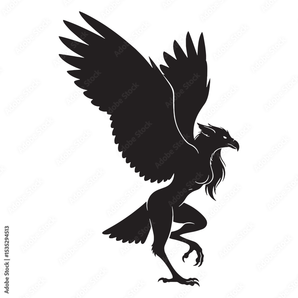 Obraz premium Fearsome Dark Harpy Winged Woman with Sharp Claws Silhouette Outline - harpy silhouette - harpy vector - silhouette of harpy - Harpy illustration 