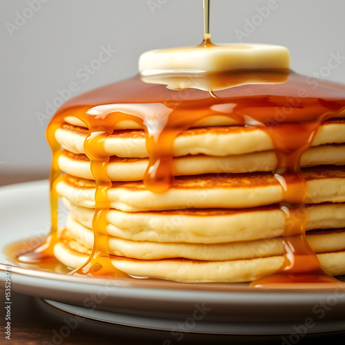 Stack of pancakes with syrup dripping and pat of butter served on white plate in morning light