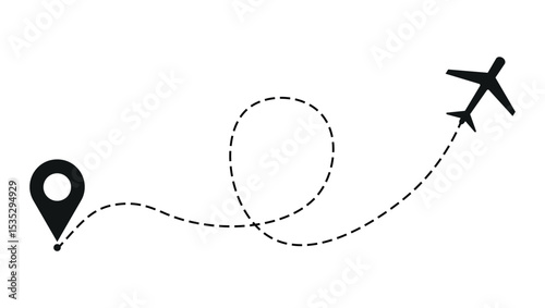 dashed flight path icon with airplane and location pin on white background for travel or navigation use	
