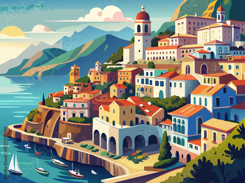 vector of View of the city of Atrani on the famous Amalfi Coast, Italy...very beautiful from the perspective.