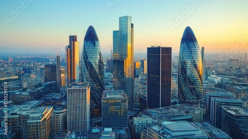 Aerial view of london skyline with gherkin buildings at sunset