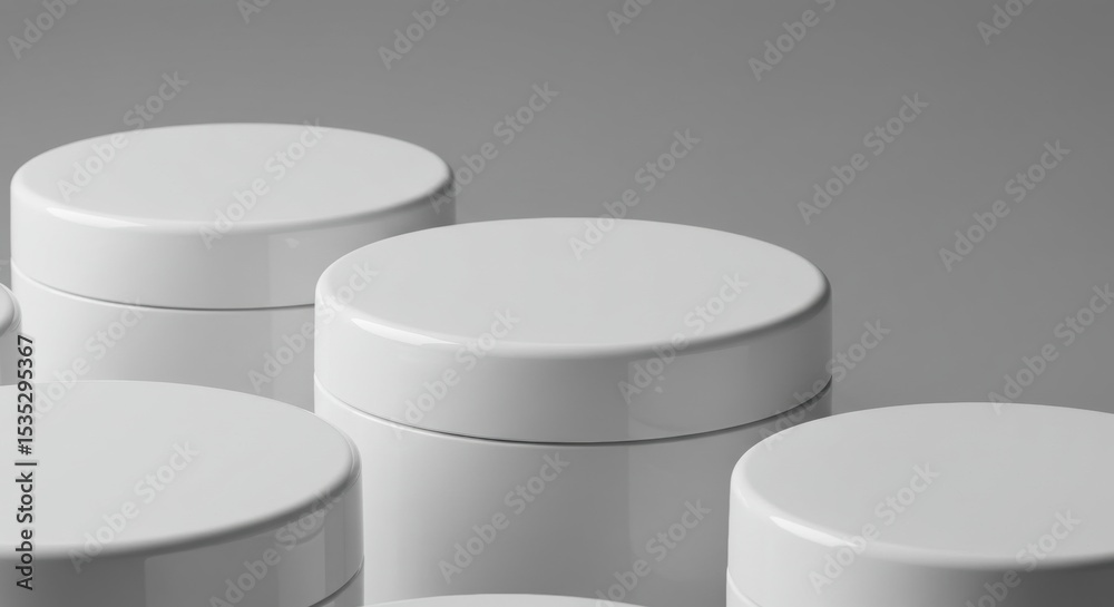 Minimalist white cosmetic containers on gray background Minimalist white cosmetic containers on gray background