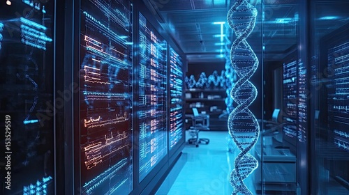 Data center with server racks displaying data and a dna helix