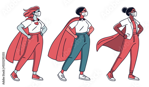 Vector Illustration in Flat Style of Three Everyday Women in Casual Clothes with Superhero Attributes like Masks, Cloaks, and Bracelets, Isolated on Background