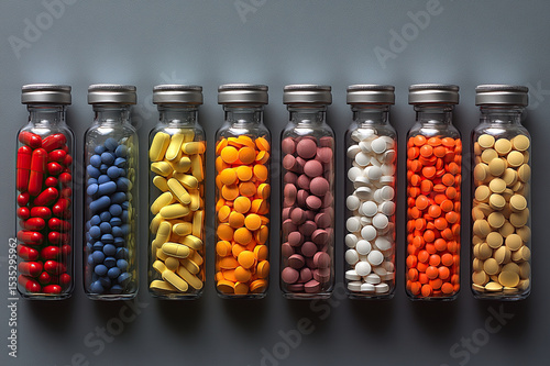 An organized array of over-the-counter medications displayed on a minimalist gray background.
