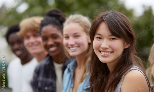 several eighteen year olds smiling and looking at the camera. Male and female and white, black and asian, Generative AI