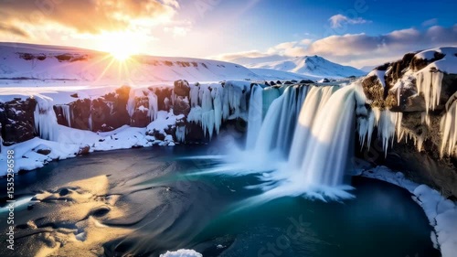 Magnificent winter waterfall cascading into a cold river amidst snow covered landscape and mountains during a vibrant sunset, creating a serene scenery