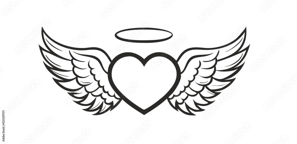 Obraz premium Vector Halo Winged Heart Tattoo Style Illustration Typography with angel wings.