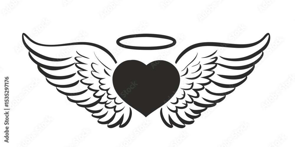 Obraz premium Vector Halo Winged Heart Tattoo Style Illustration Typography with angel wings.