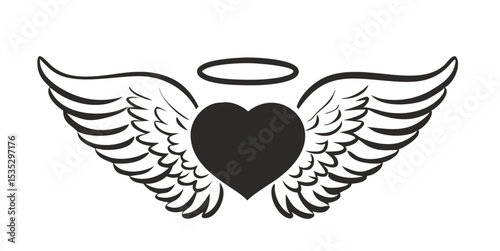 Vector Halo Winged Heart Tattoo Style Illustration Typography with angel wings.