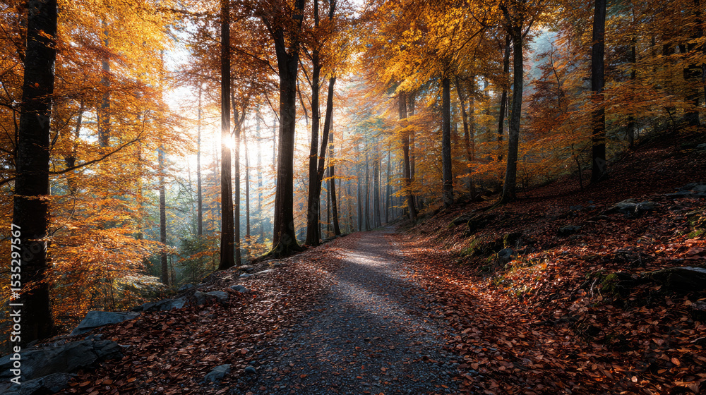 Fototapeta premium Beautiful forest background for screensaver. with sunbeams. Calm close-up of fairytale forest and nature landscape, panorama. Summer vacation, holiday, amazing nature.