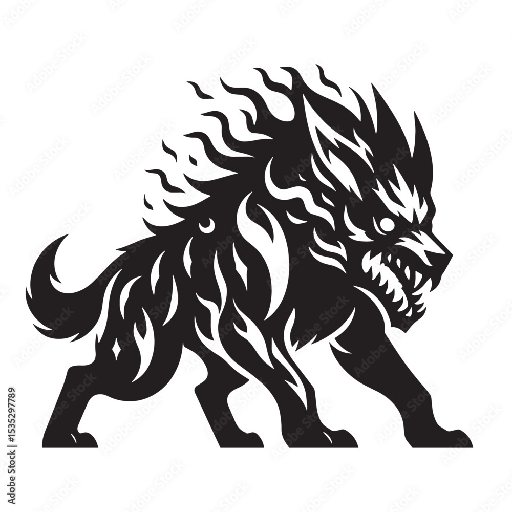 Fototapeta premium Striking Vector Hellhound Deadly Guardian Concept Image, with Its Powerful Jaws and Tail - hellhound silhouette - hellhound vector - silhouette of hellhound 