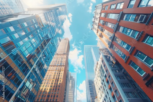 Detailed Color Picture of Bottom View Skyscrapers on Sunny Day