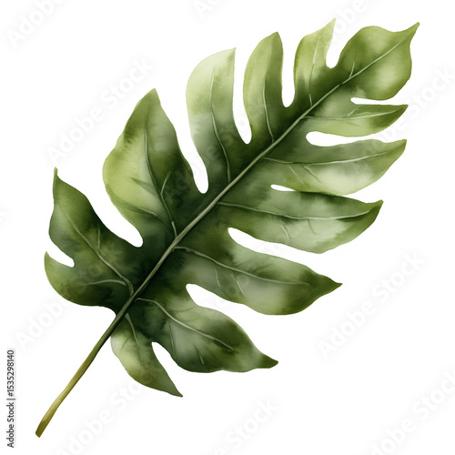 A watercolor illustration of a single fern leaf isolated on a transparent background	