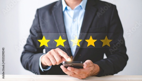 Businessman Using Smartphone to Select Happy Face in Digital Customer Satisfaction Survey Interface