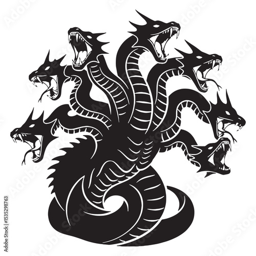 Classic Mythical Hydra Vector, Showing Its Traditional Look with Scales and Fins - hydra silhouette - hydra vector - silhouette of hydra - Hydra illustration
