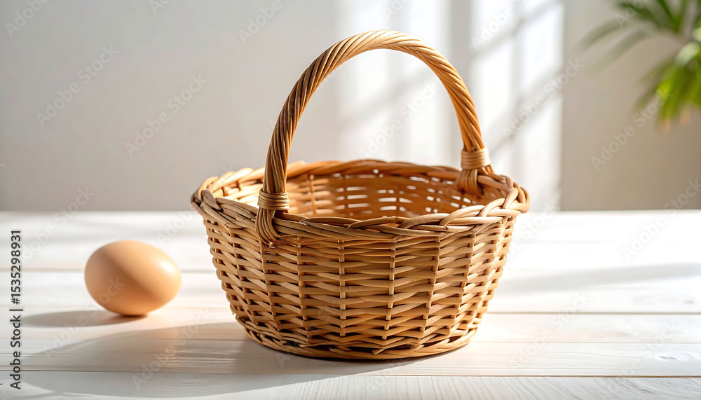 Fototapeta premium Empty Round Basket with Egg on Wooden Surface