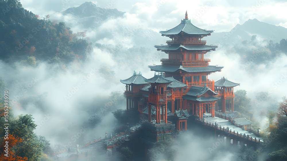 Obraz premium Traditional Asian Pagoda Amidst Misty Mountains