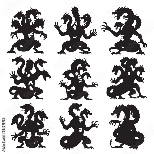 Eerie Dark Hydra Serpent Shape Illustration, Swimming in the Deep Water - hydra silhouette - hydra vector - silhouette of hydra
