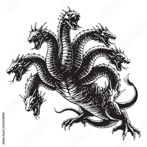 Menacing Hydra Killer Monster Figure Silhouette, with Every Head Looking Dangerous - hydra silhouette - hydra vector - silhouette of hydra - Hydra illustration
