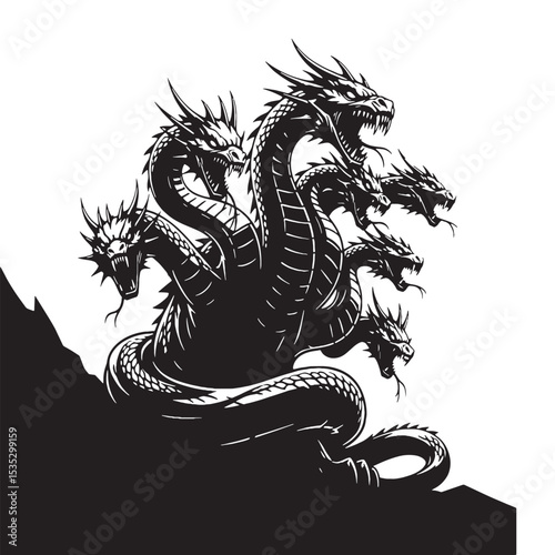 Striking Vector Hydra Deadly Water Beast Concept Image, with Its Sharp Claws and Powerful Tail - hydra silhouette - hydra vector - silhouette of hydra
