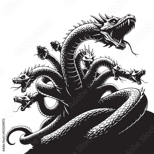 Monochrome Hydra Ancient Serpent Form Depiction, Looking Very Dangerous and Strong - hydra silhouette - hydra vector - silhouette of hydra - Hydra illustration
