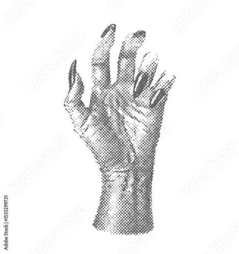 A halftone-style illustration of Creepy Halloween zombie hand, vintage stipple photocopy effect, tattoo Creepy, Halloween, zombie, hand.