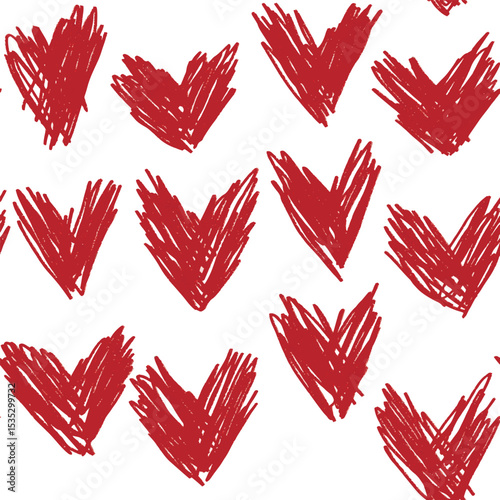 Hearts scratches polka dot seamless pattern hand drawn. Red pencil doodle symbols on white.