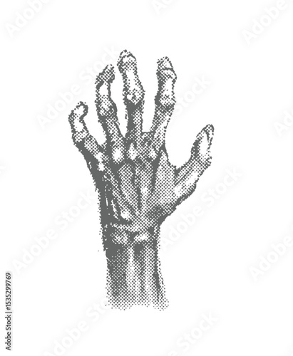 A halftone-style illustration of Creepy Halloween zombie hand, vintage stipple photocopy effect, tattoo Creepy, Halloween, zombie, hand.