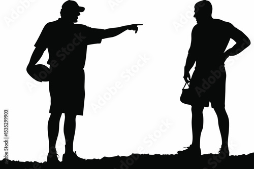 Silhouette of a coach pointing with a football and player with helmet.