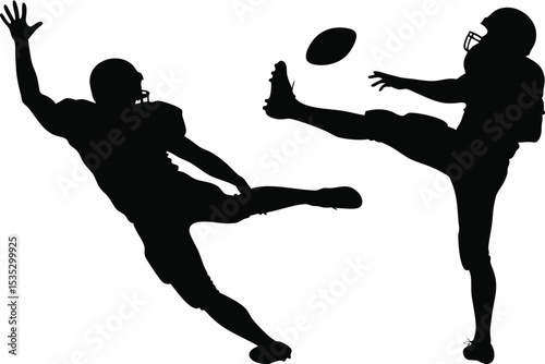 Silhouetted Football Players: Kicking and Reaching for the Ball in Action.