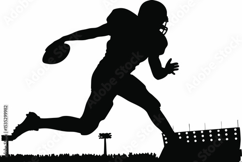 Silhouette of a football player running with the ball near stadium lights.