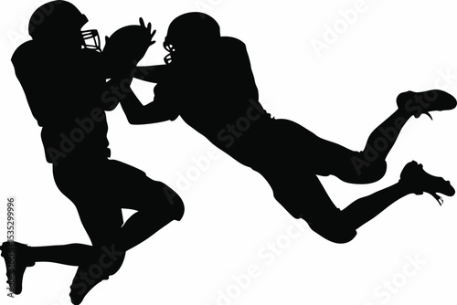 Silhouette of American Football Players in Mid-Air Collision for the Ball.