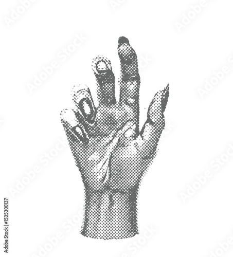 A halftone-style illustration of Creepy Halloween zombie hand, vintage stipple photocopy effect, tattoo Creepy, Halloween, zombie, hand.