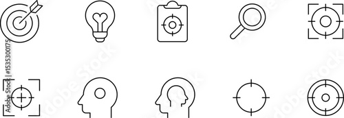 Focus, concentration icons collection. Goal, Target Line icon set. Line icons related to focus and concentration. Vector illustration