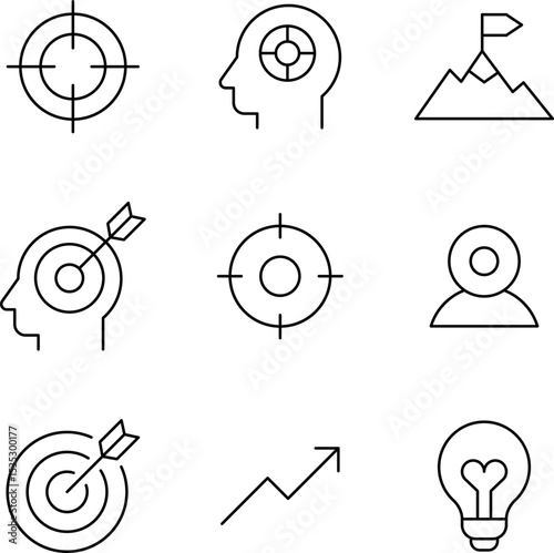Focus, concentration icons collection. Goal, Target Line icon set. Line icons related to focus and concentration. Vector illustration
