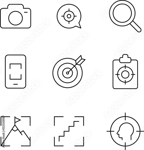 Focus, concentration icons collection. Goal, Target Line icon set. Line icons related to focus and concentration. Vector illustration