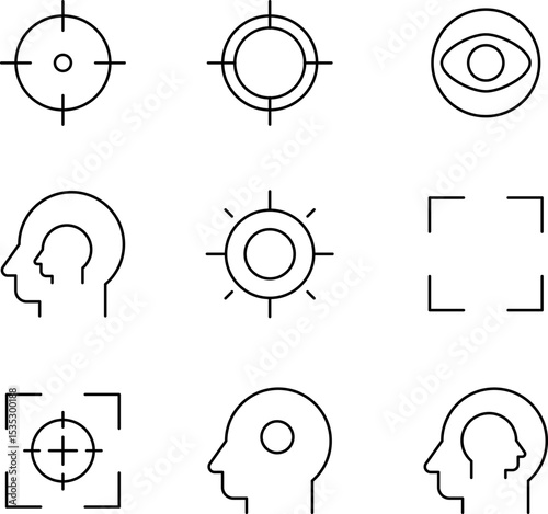 Focus, concentration icons collection. Goal, Target Line icon set. Line icons related to focus and concentration. Vector illustration