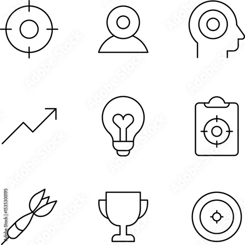 Focus, concentration icons collection. Goal, Target Line icon set. Line icons related to focus and concentration. Vector illustration