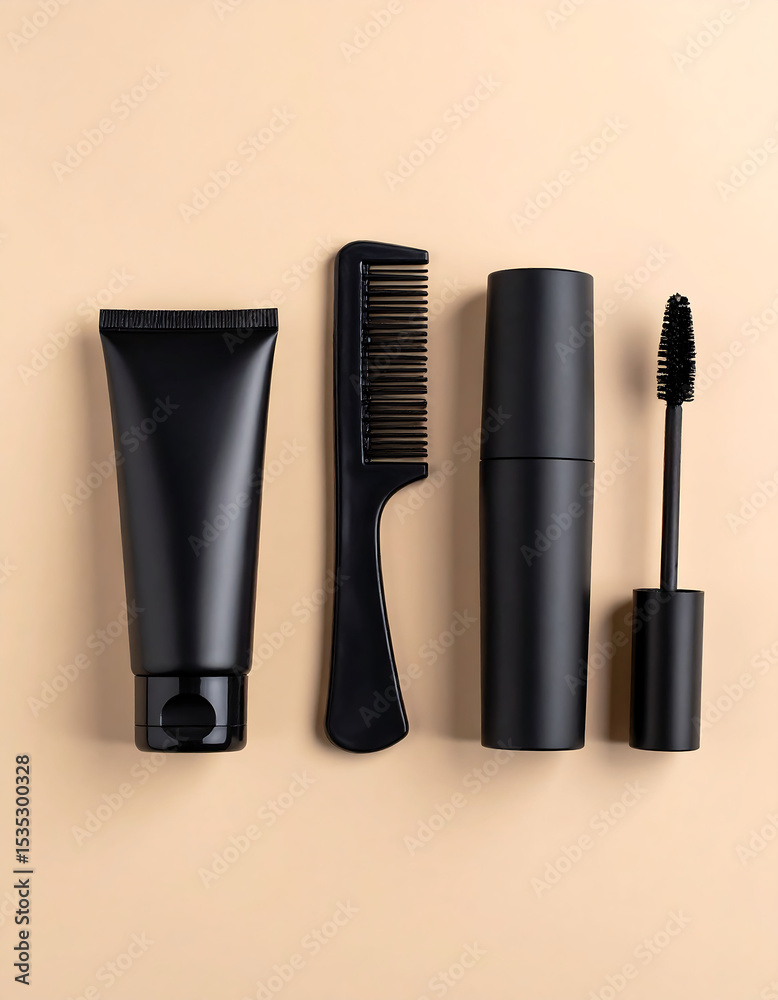 Obraz premium Black Makeup Tools on Tan Background