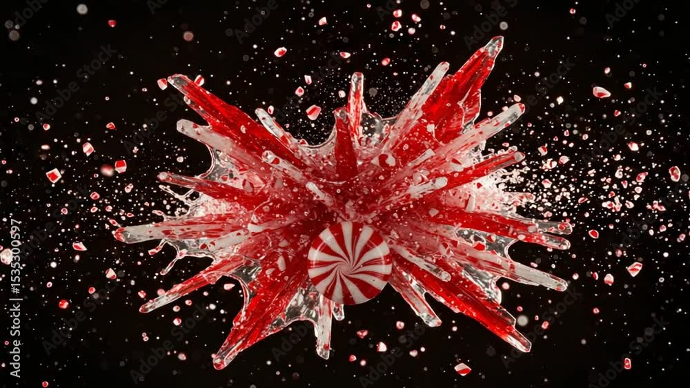 Explosive splash of red liquid around peppermint candy