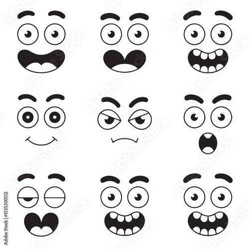 Nine cartoon faces showing different emotions