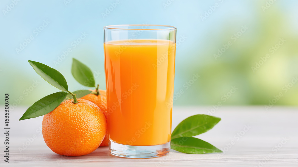 Fototapeta premium Glass of freshly squeezed orange juice with whole orange fruit and green leaves on wooden table, refreshing and healthy beverage in natural light