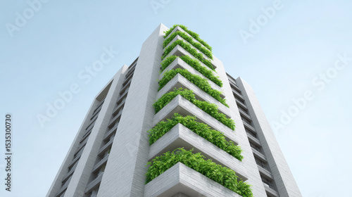 Modern residential tower with vertical garden, white facade, and lush green plants on balconies, showcasing sustainable architecture and urban eco friendly living